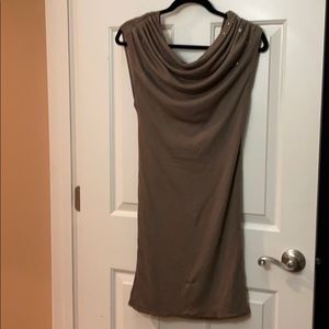 Sleeveless, draped, taupe , knee length dress!